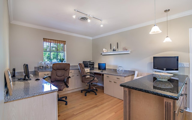 office space featuring light wood-type flooring, visible vents, ornamental molding, and track lighting