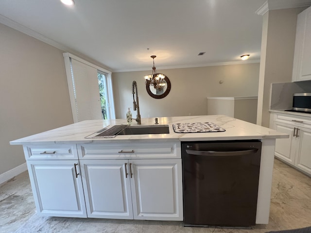 kitchen featuring a sink, white cabinets, ornamental molding, dishwasher, and stainless steel microwave