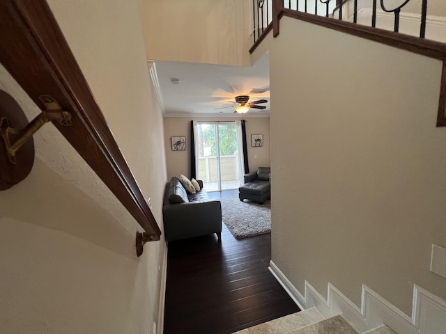 corridor featuring dark wood-style flooring, crown molding, and baseboards