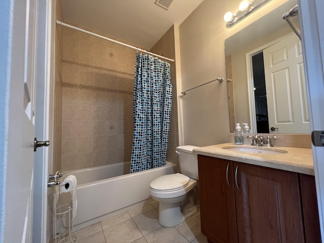 full bath with visible vents, toilet, shower / tub combo, vanity, and tile patterned flooring