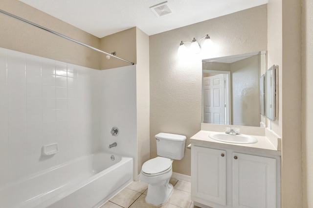 full bathroom with shower / washtub combination, visible vents, toilet, vanity, and tile patterned floors