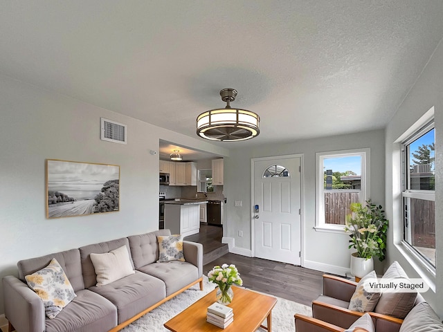 living area featuring dark wood-style floors, visible vents, a textured ceiling, and baseboards