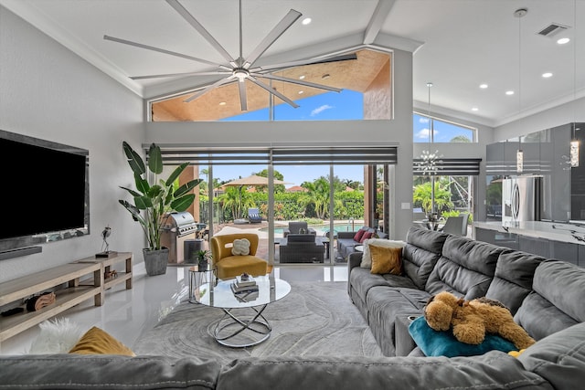 10786 Greenbriar Villa Dr, Lake Worth, FL 33449 - living area with a chandelier, beam ceiling, visible vents, and high vaulted ceiling