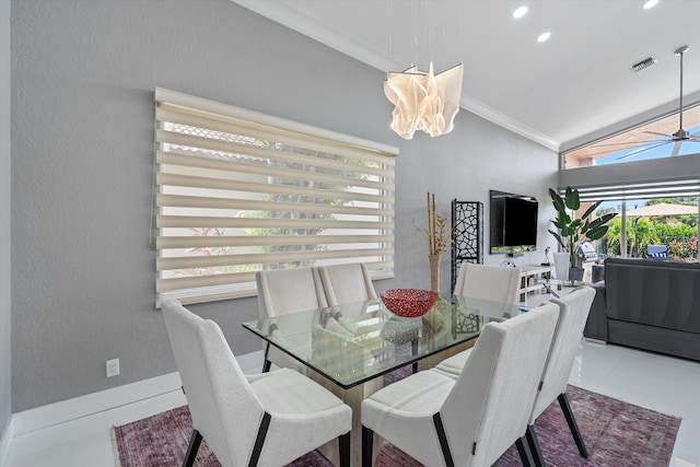 10786 Greenbriar Villa Dr, Lake Worth, FL 33449 - tiled dining room featuring crown molding, lofted ceiling, visible vents, a textured wall, and ceiling fan