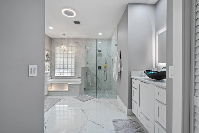 10786 Greenbriar Villa Dr, Lake Worth, FL 33449 - full bath with a garden tub, vanity, visible vents, marble finish floor, and a marble finish shower