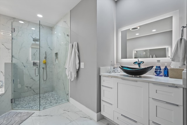 10786 Greenbriar Villa Dr, Lake Worth, FL 33449 - bathroom with marble finish floor, a marble finish shower, recessed lighting, vanity, and baseboards