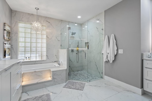 10786 Greenbriar Villa Dr, Lake Worth, FL 33449 - bathroom featuring a garden tub, recessed lighting, vanity, marble finish floor, and a marble finish shower