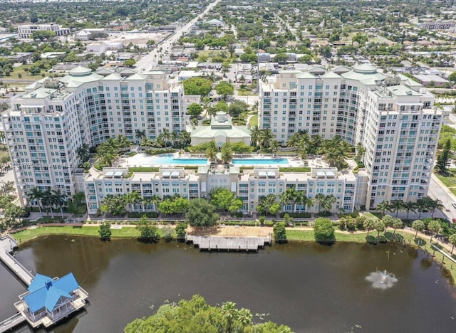 aerial view with a water view and a city view