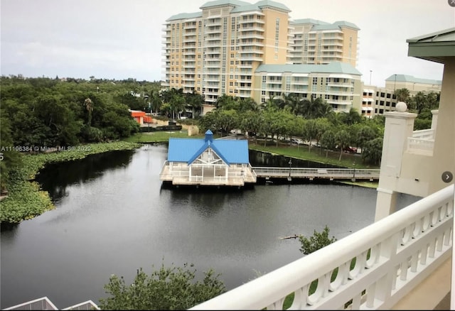 view of water feature with a dock