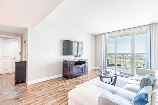 living area featuring a wall of windows, light wood-type flooring, baseboards, and a glass covered fireplace