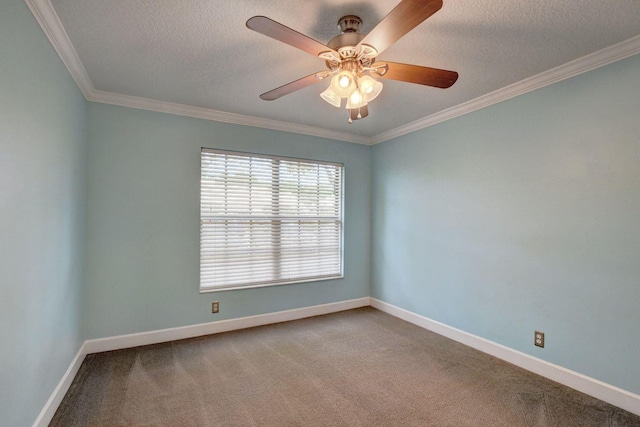 spare room with carpet, crown molding, a textured ceiling, and baseboards