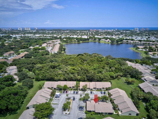 drone / aerial view featuring a water view