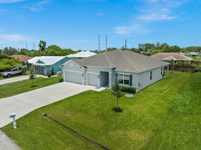 single story home featuring a garage, driveway, roof with shingles, a front lawn, and stucco siding