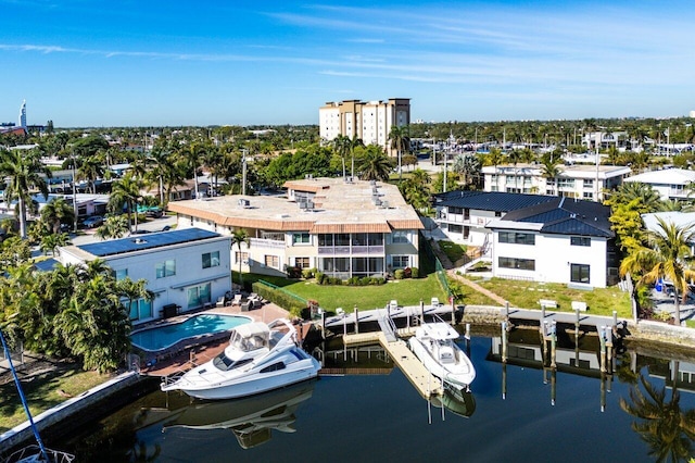 aerial view featuring a water view