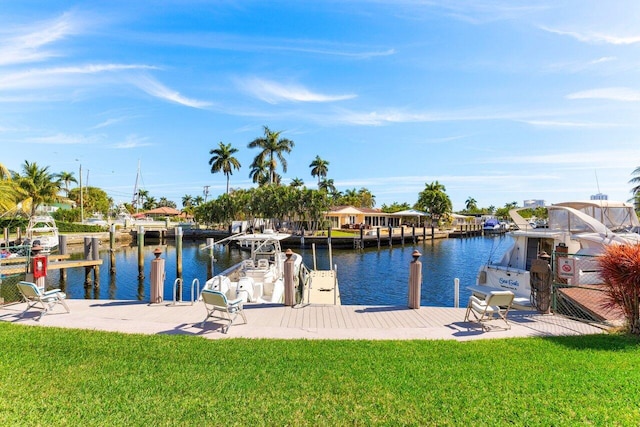 dock area featuring a yard and a water view