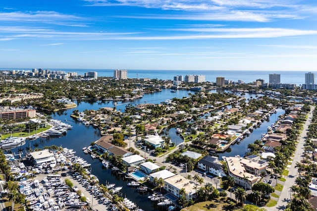 aerial view with a city view and a water view