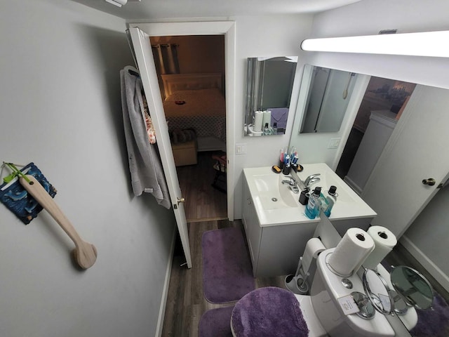 bathroom with baseboards, wood finished floors, and vanity