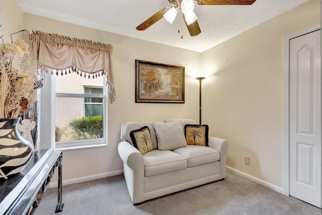 sitting room featuring carpet flooring, a textured ceiling, and baseboards