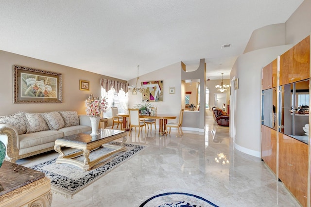 living room featuring lofted ceiling, visible vents, baseboards, marble finish floor, and an inviting chandelier