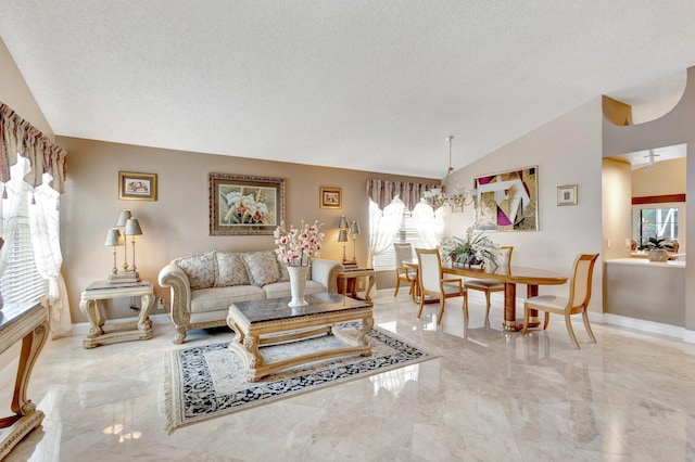 living room featuring a textured ceiling, baseboards, vaulted ceiling, marble finish floor, and an inviting chandelier