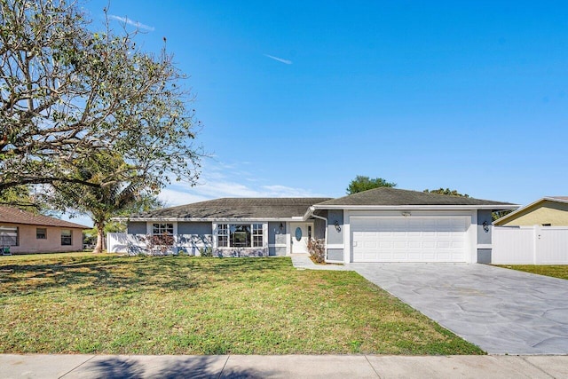 ranch-style home with an attached garage, fence, driveway, stucco siding, and a front lawn