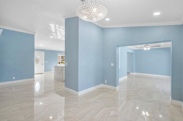 unfurnished room with recessed lighting, baseboards, crown molding, and ceiling fan with notable chandelier