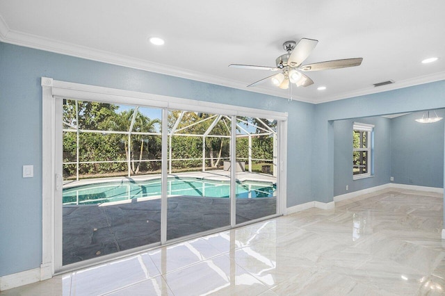 outdoor pool with a ceiling fan