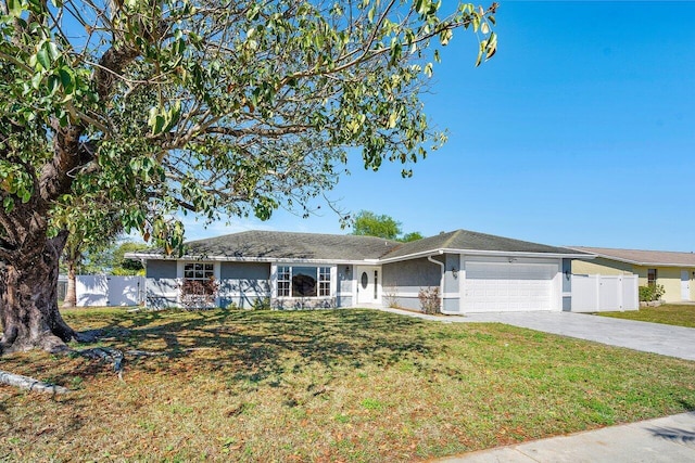 single story home with a garage, concrete driveway, fence, a front lawn, and stucco siding