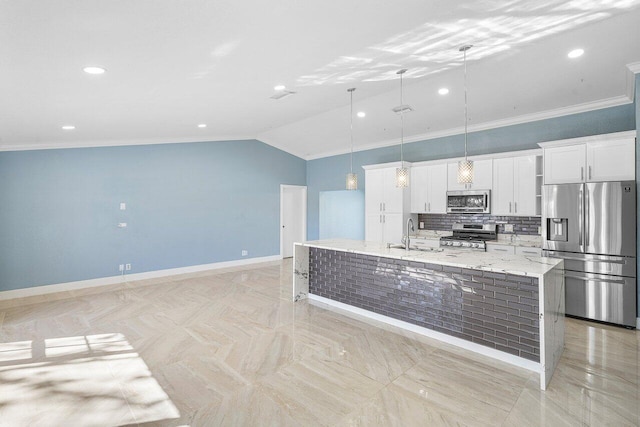 kitchen featuring decorative backsplash, appliances with stainless steel finishes, ornamental molding, white cabinetry, and a sink