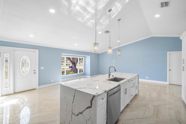 kitchen with lofted ceiling, a sink, visible vents, stainless steel dishwasher, and crown molding