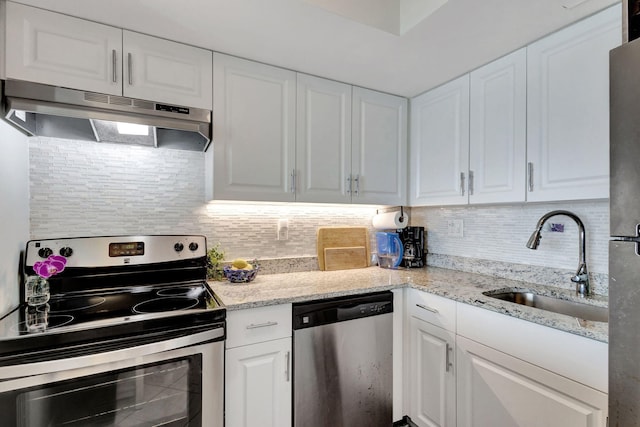 2936 Lake Shore Dr Unit 309, Riviera Beach, FL 33404 - kitchen with under cabinet range hood, stainless steel appliances, tasteful backsplash, and a sink
