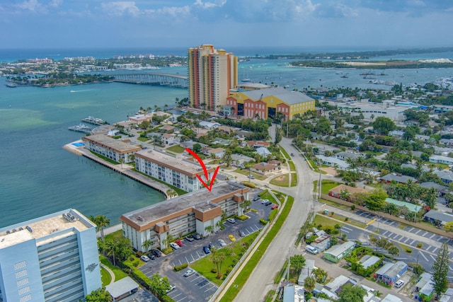 aerial view featuring a water view