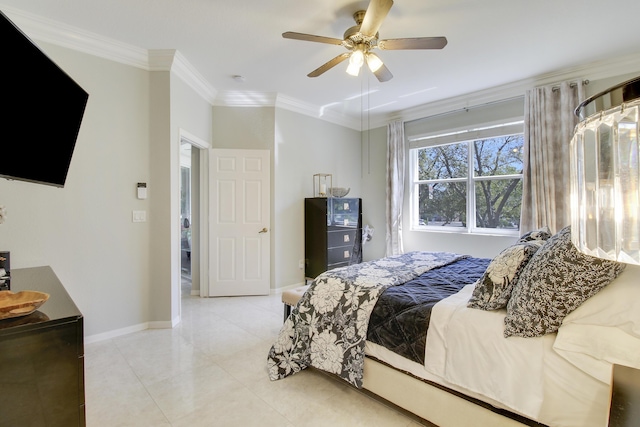 bedroom featuring ornamental molding, light tile patterned flooring, ceiling fan, and baseboards