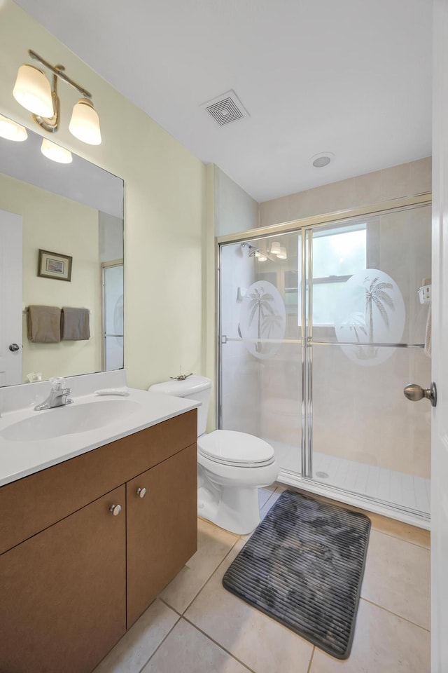 bathroom featuring visible vents, toilet, tile patterned flooring, vanity, and a shower stall