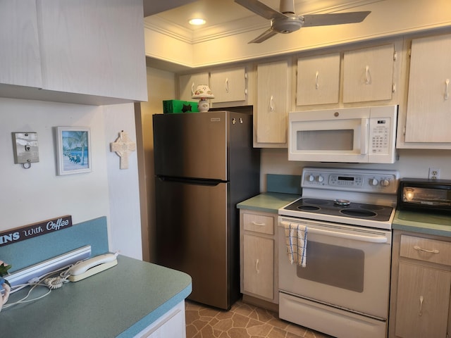 kitchen featuring light countertops, white appliances, a ceiling fan, and crown molding