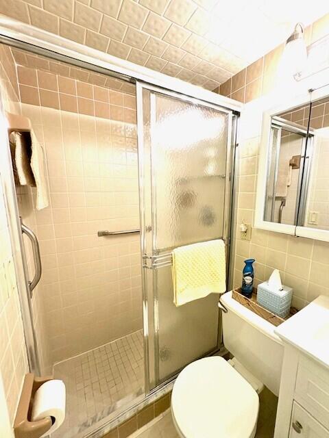 bathroom featuring vanity, tile walls, toilet, and a shower stall