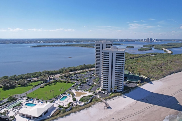 bird's eye view with a water view