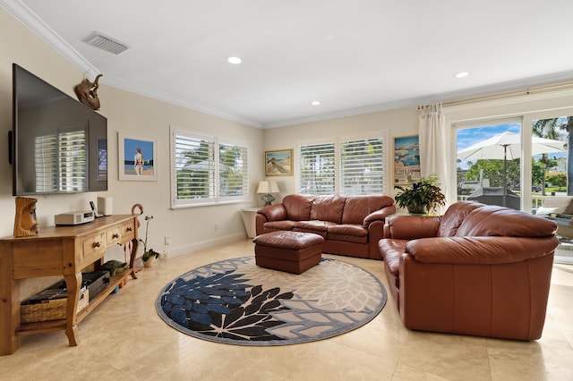 living area with recessed lighting, visible vents, a wealth of natural light, and ornamental molding