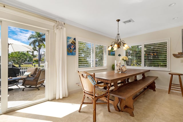 dining space with visible vents, a notable chandelier, ornamental molding, light tile patterned floors, and baseboards