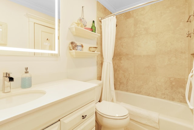 bathroom featuring toilet, ornamental molding, vanity, and shower / bath combination with curtain