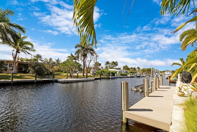 dock area with boat lift and a water view