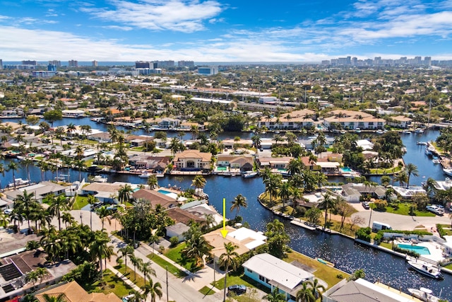 aerial view featuring a residential view and a water view