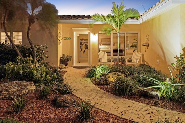 doorway to property featuring stucco siding and a tiled roof