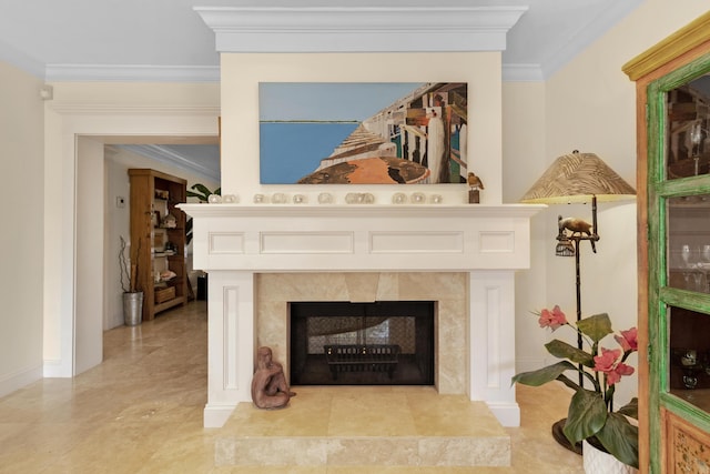 details with ornamental molding and a tile fireplace