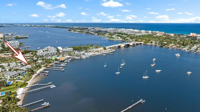 drone / aerial view with a water view