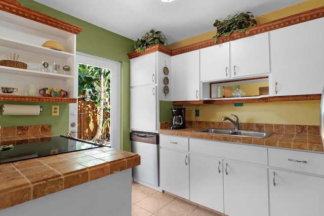 kitchen with white cabinets, stainless steel dishwasher, open shelves, and a sink