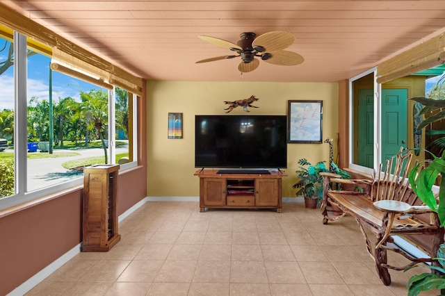 sunroom / solarium featuring wood ceiling and ceiling fan