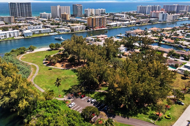 bird's eye view with a water view and a view of city