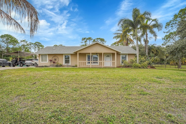 single story home featuring a carport, a front lawn, and stucco siding