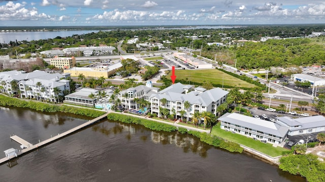 drone / aerial view featuring a water view